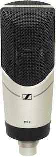 Silver and black microphone with mesh grille and MK 8 label
