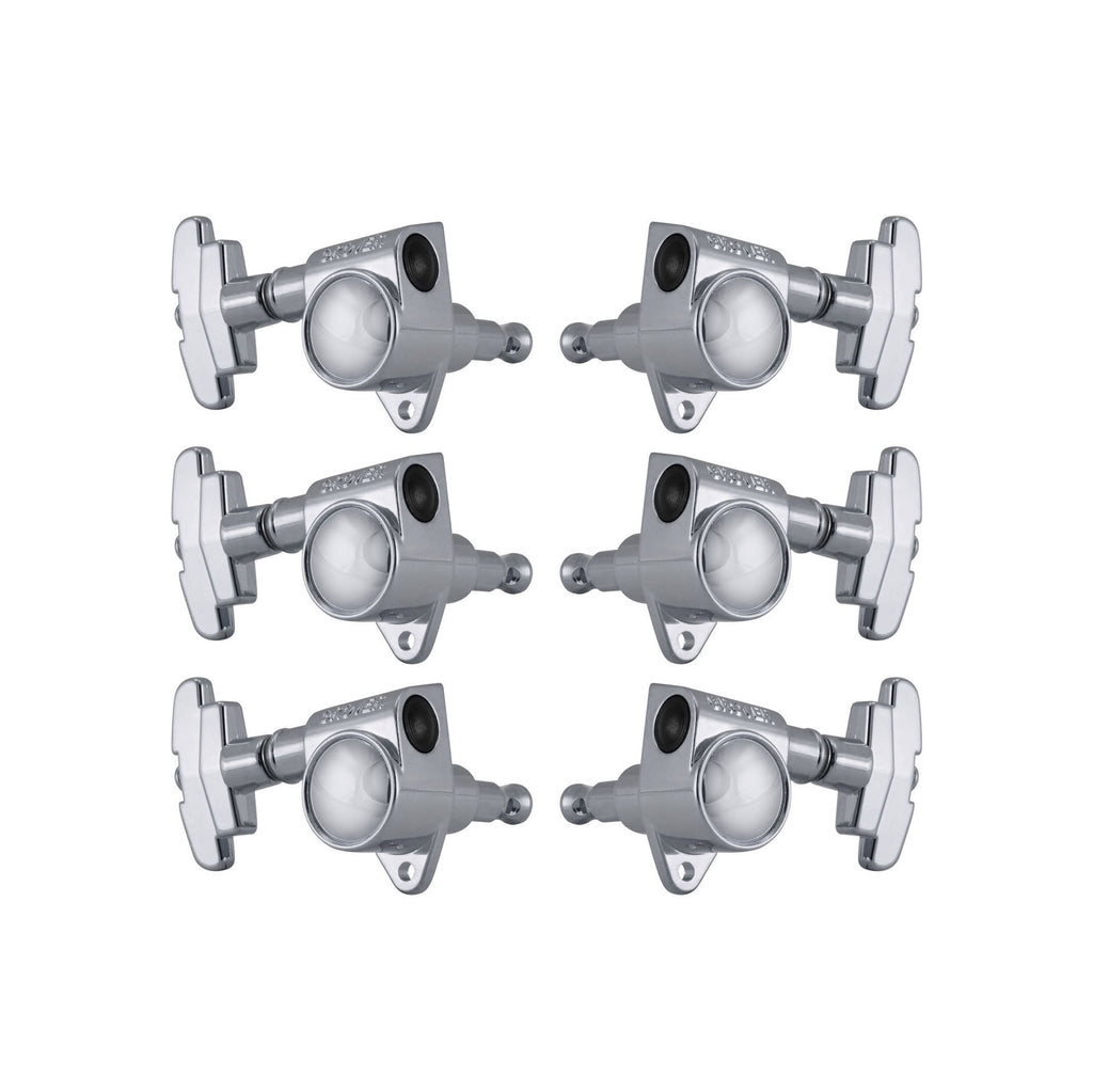 Set of six chrome guitar tuning machine heads with Grover logo and three-step style tuning keys.