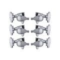 Set of six chrome guitar tuning machine heads with Grover logo and three-step style tuning keys.