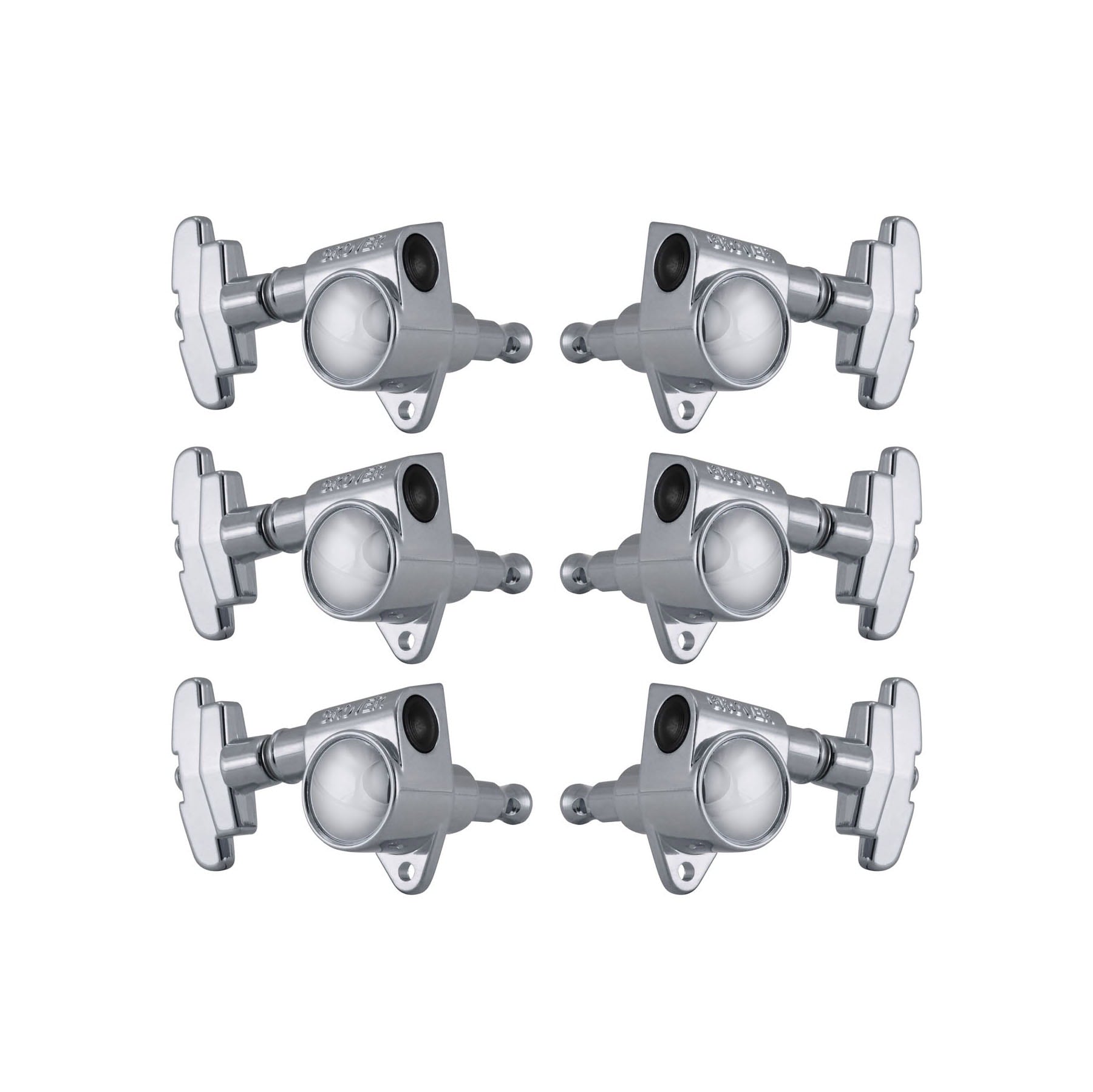 Set of six chrome guitar tuning machine heads with Grover logo and three-step style tuning keys.