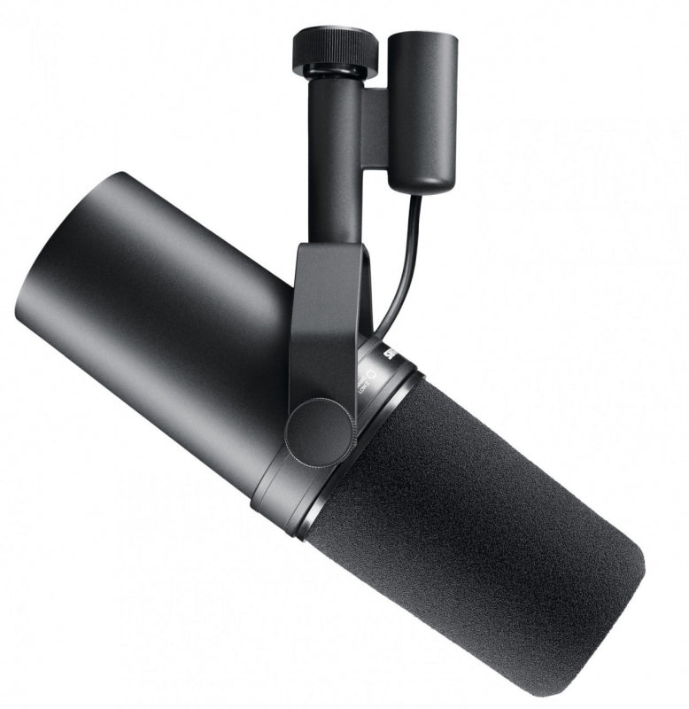 Black studio microphone with foam windscreen and mounting bracket with adjustment knob.
