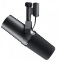 Black studio microphone with foam windscreen and mounting bracket with adjustment knob.