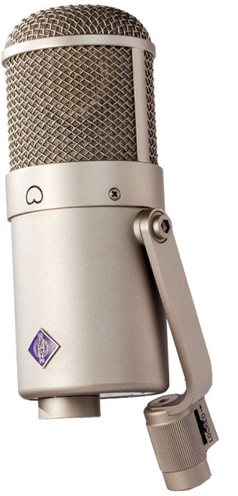 Beige studio microphone with metal mesh grille and purple diamond-shaped logo on body.