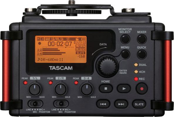 Black TASCAM DR-60DmkII audio device with display, knobs, buttons, and multiple input jacks.