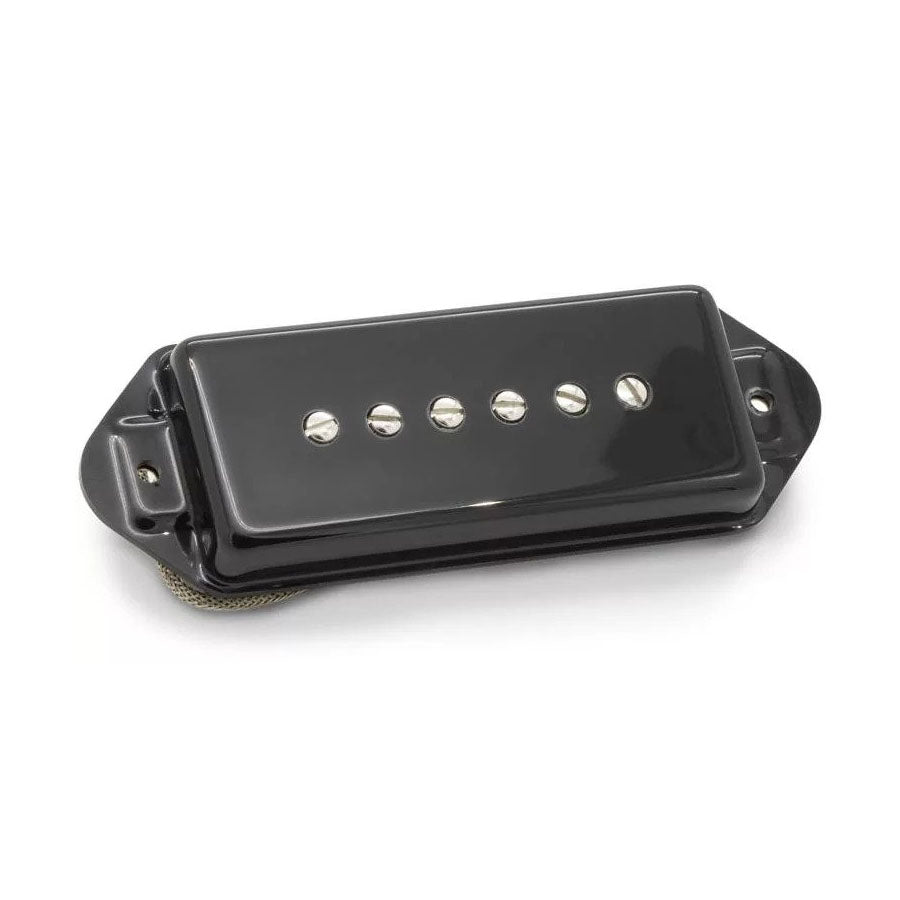 Black guitar pickup with six adjustable pole pieces and mounting tabs on each end.
