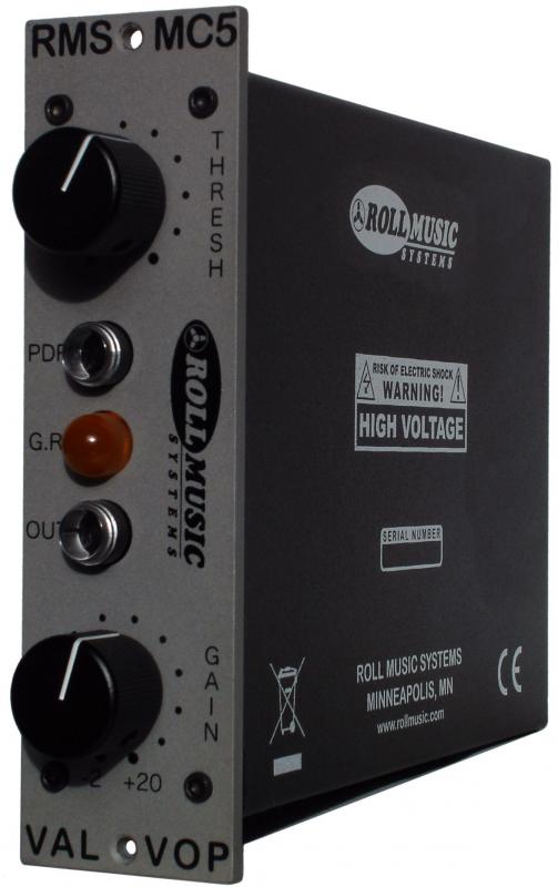 Black and silver audio device with knobs and jacks labeled RMS MC5 by Roll Music Systems.
