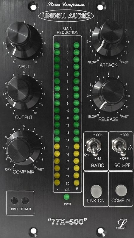Black Lindell Audio 77X-500 stereo compressor panel with knobs, switches, and LED gain reduction meters.