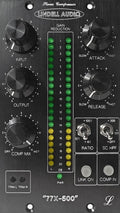 Black Lindell Audio 77X-500 stereo compressor panel with knobs, switches, and LED gain reduction meters.