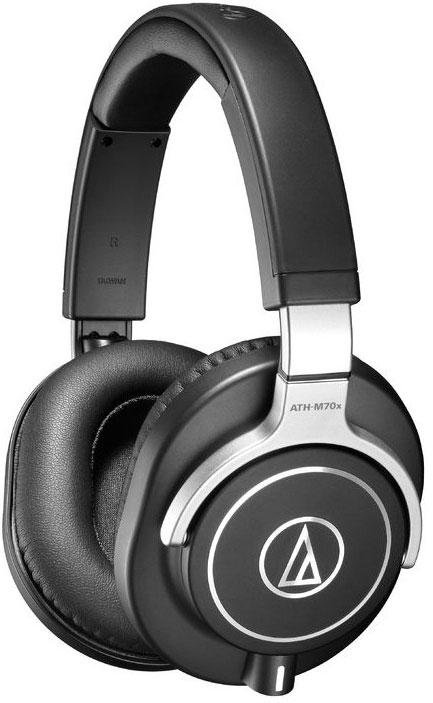 Black over-ear headphones with silver accents and logo on ear cups showing model ATH-M70x.