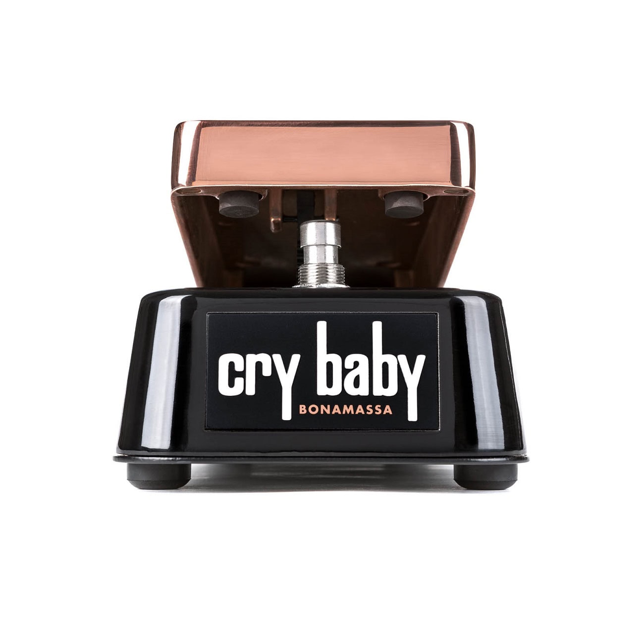 Black and copper Cry Baby wah pedal labeled Bonamassa shown from front with pedal raised.