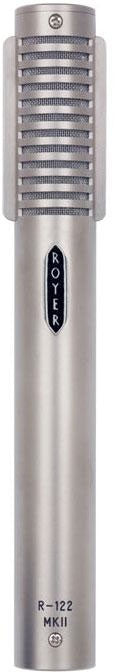 Silver cylindrical microphone with grille and ROYER branding, model R-122 MKII visible on the body.