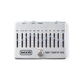 Silver rectangular audio equalizer pedal with ten vertical sliders, footswitch, and three 1/4 inch jacks on top.