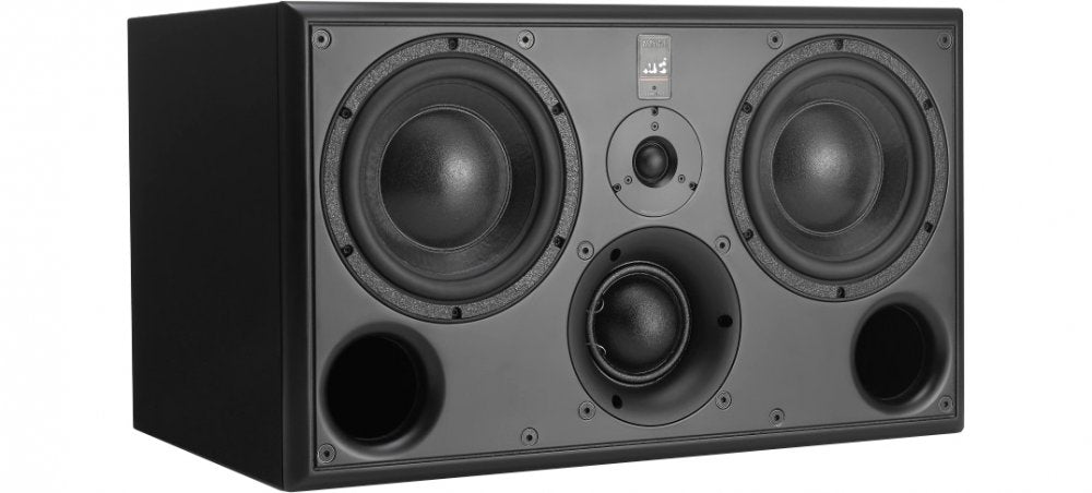 Rectangular black studio monitor speaker with two large drivers, one small driver, and two circular ports on front face.