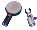 Silver round microphone capsule with black body and red button beside a metal microphone clip.