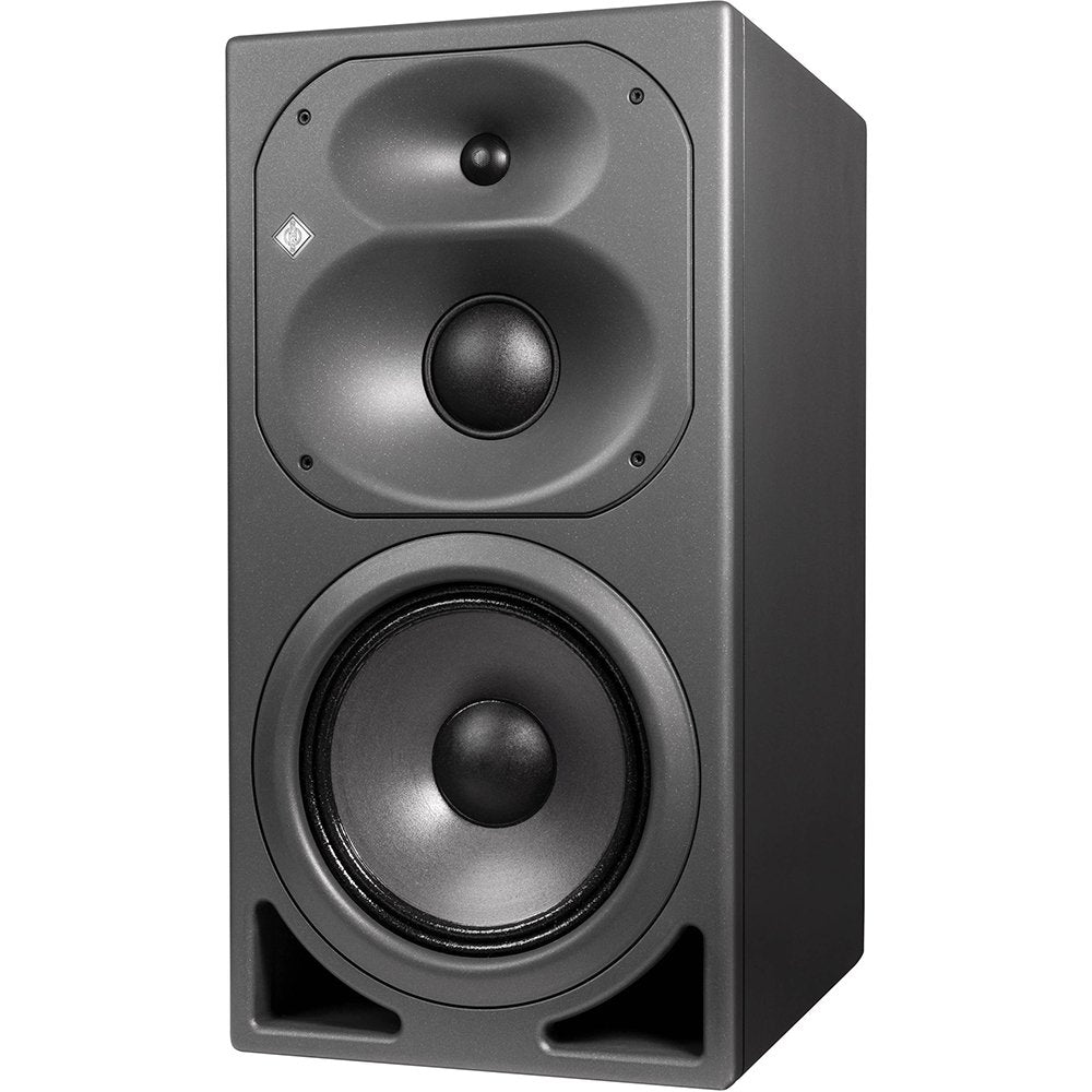 Black studio monitor speaker with multiple drivers and two front bass reflex ports.
