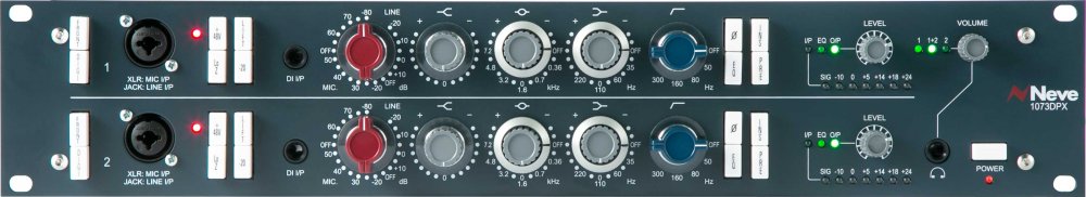 Black audio interface unit with knobs, combo jacks, switches, LEDs, and Neve 1073DPX branding on front panel.