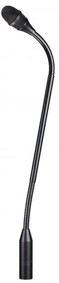 Black gooseneck microphone with mesh head and XLR-style connector, branded Audio-Technica.