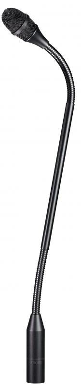 Black gooseneck microphone with mesh head and XLR-style connector, branded Audio-Technica.