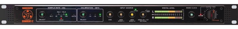 Front panel of a Dangerous Music Convert 2 audio converter with digital level meter and multiple input source indicators.