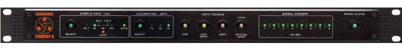 Front panel of a black Dangerous Music Convert 8 audio converter with various input, output, and control indicators.