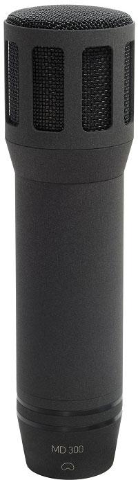 Black cylindrical studio microphone with mesh grille and MD 300 label at the bottom.