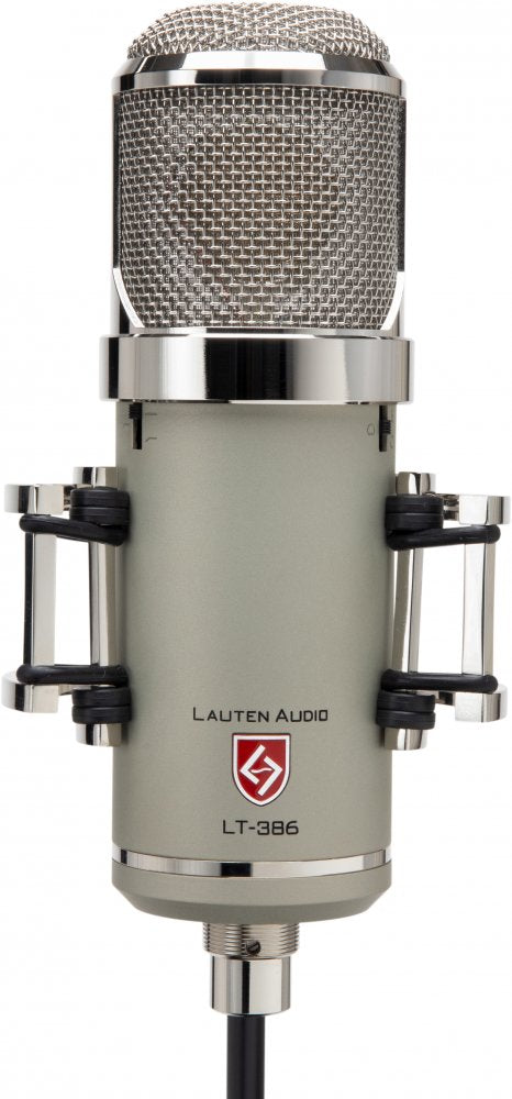 Front view of a Lauten Audio LT-386 microphone with metal mesh grille and attached cable.