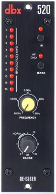 Front panel of a dbx 520 audio processor module with knobs and buttons labeled for frequency and gain reduction control.
