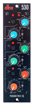 Black audio equipment panel with three colored rotary knobs and multiple switches labeled DBX 530 Parametric EQ.