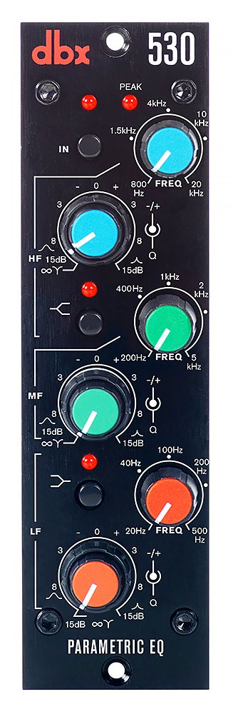 Black audio equipment panel with three colored rotary knobs and multiple switches labeled DBX 530 Parametric EQ.