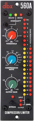 Front panel of a DBX 560A audio compressor/limiter with knobs and LED meters for threshold, ratio, and output gain.