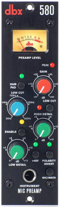 Front panel of a dbx 580 preamp level device with knobs, switches, VU meter, and 1/4 inch input jack.