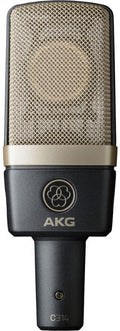 Front view of a black and gold microphone with a mesh grille and XLR connector port.