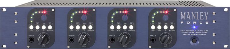 Front view of a Manley Force four-channel vacuum tube microphone preamplifier with controls and LED indicators.