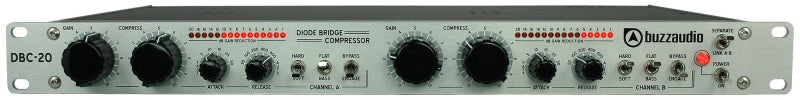 Front panel of a Buzz Audio DBC-20 diode bridge compressor with dual-channel controls and LED meters.
