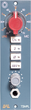 Close-up of a BAE audio module with rotary knob, four push buttons, and one output jack on gray panel.