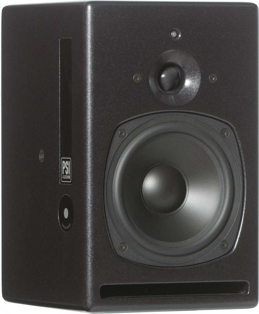 Black studio monitor speaker with PSI Audio logo and front-facing woofer and tweeter drivers.