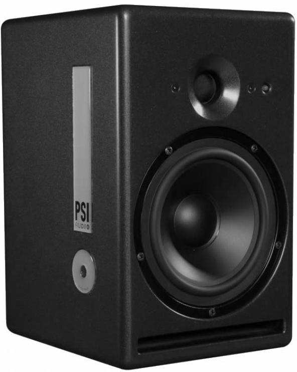 Black PSI Audio studio monitor speaker with visible woofer and tweeter on the front panel.