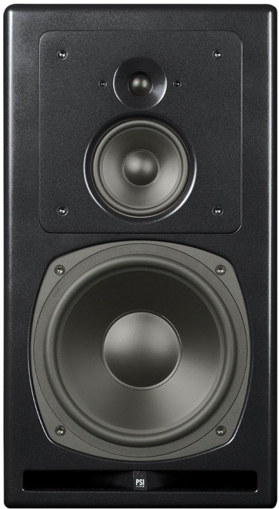 Front view of a black studio monitor speaker with three drivers and PSI Audio logo below.