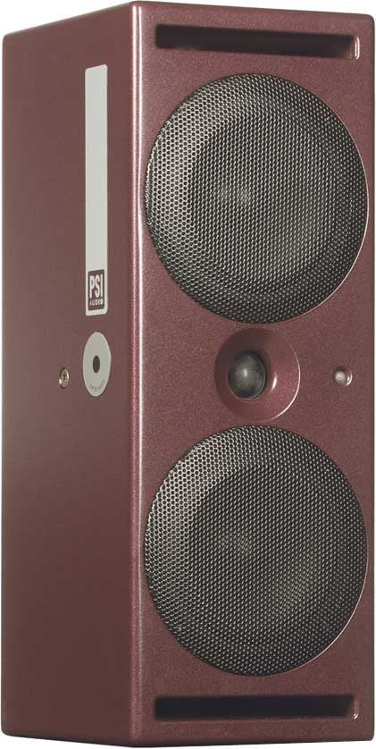 Red studio monitor speaker with metal grille covers on front drivers and PSI AUDIO logo on side panel.