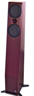 Tall red floor-standing speaker with two large black drivers and a smaller tweeter in the center