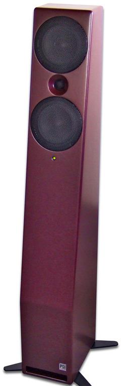 Tall red floor-standing speaker with two large black drivers and a smaller tweeter in the center