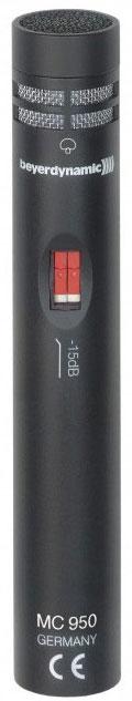 Black cylindrical microphone with a foam grille and red slider switch labeled MC 950.