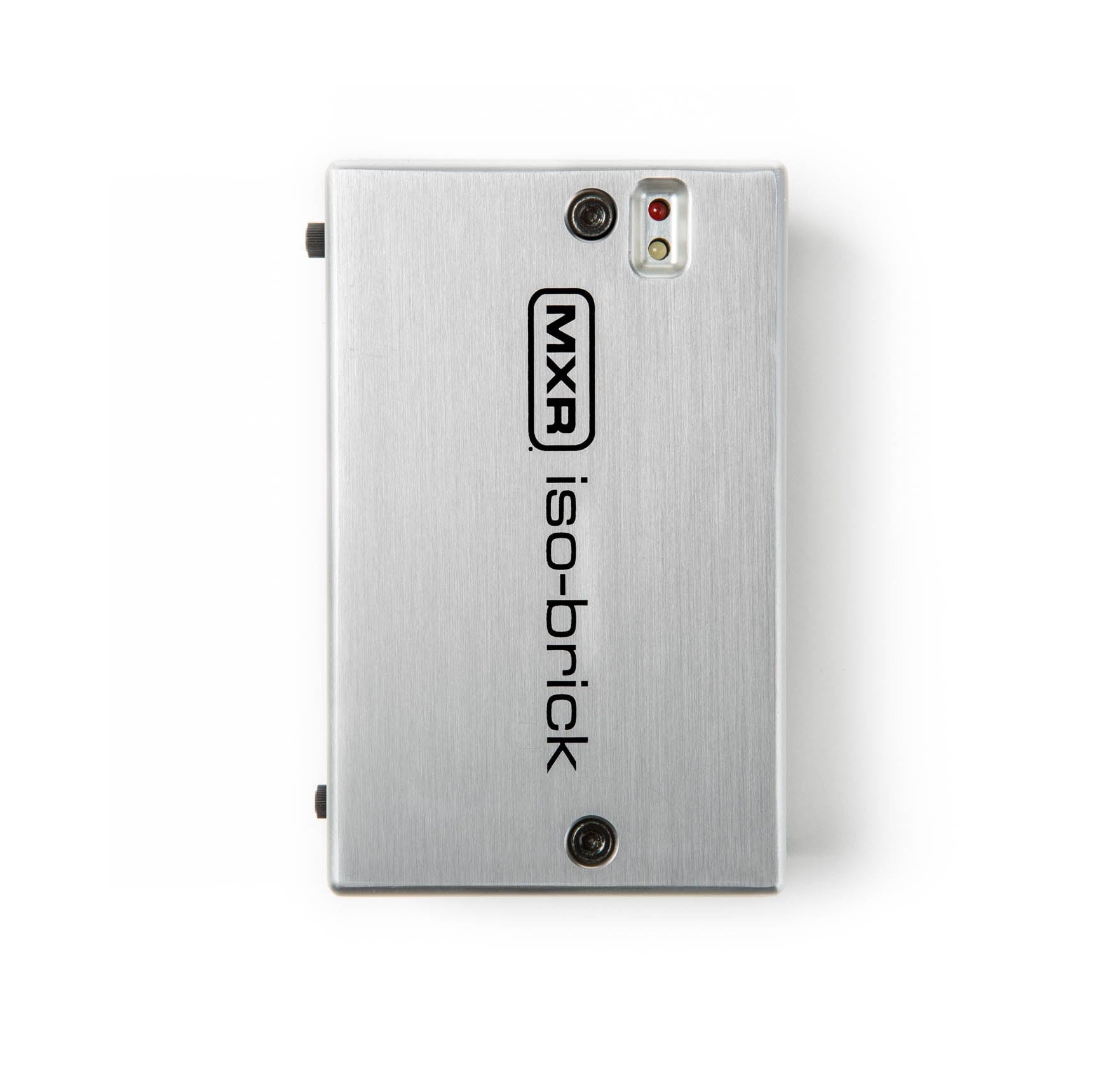 Rectangular silver metal device with MXR iso-brick branding, two screws, LED indicators, and a barrel power jack.
