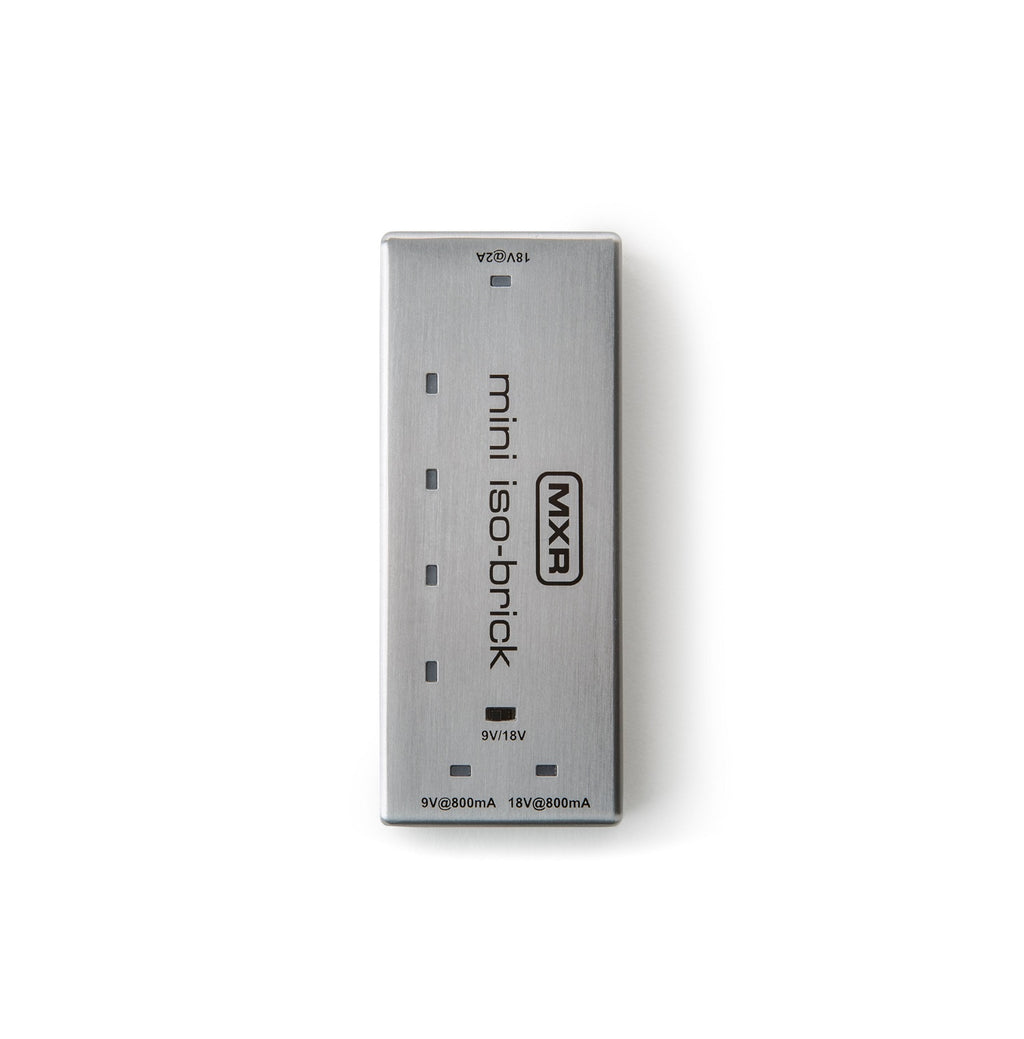 Top view of a silver MXR mini iso-brick power supply with several power output jacks and black text.