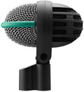 Side view of a black and grey microphone with a metal mesh head and a teal band, attached to a microphone clip.