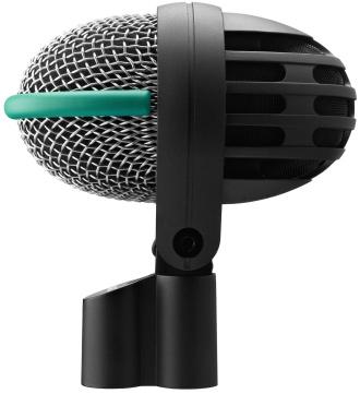 Side view of a black and grey microphone with a metal mesh head and a teal band, attached to a microphone clip.