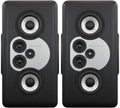 Front view of a pair of black studio monitor speakers with multiple speaker cones and silver highlights.