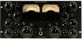 Front panel of a black audio mastering compressor with knobs, toggle switches, and dual VU meters.