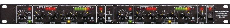Front panel of a Drawmer Duo-Auto Compressor DL241 audio processor with knobs, switches, and LED indicators.