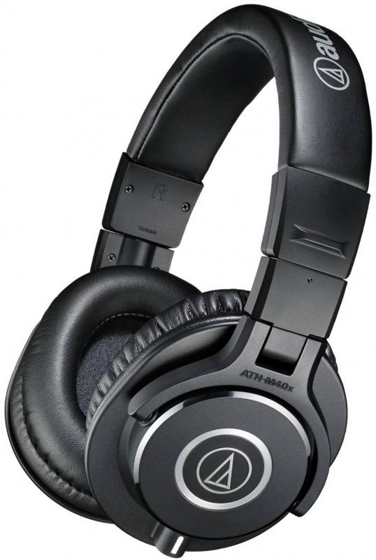 Black over-ear headphones with padded headband and ear cushions, showing Audio-Technica logo.
